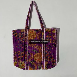 Quilted Cotton Handprint Velvet Cotton  Print  Quilted Duffle Tote Bags Vintage Floral Velvet  Print Shoulder Bags Eco Friendly