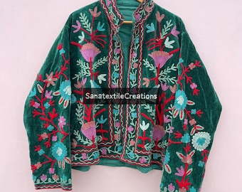 Velvet Suzani Embroidered Bolero Jacket, Boho Indian Cotton