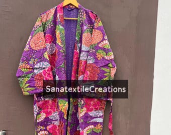 Handmade Kantha Robe Kimono - Sustainable Indian Cotton, Floral Print
