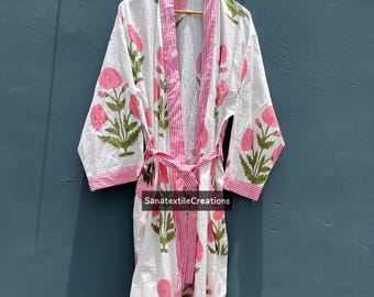 Floral Print Cotton Kimono Robe, Boho Bathrobe With Belt