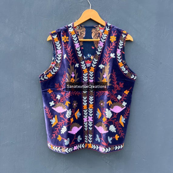 Chaleco bordado de terciopelo azul: abrigo indio hecho a mano