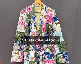 Handmade Cotton Kantha Kimono Robe: Patchwork Indian Jacket