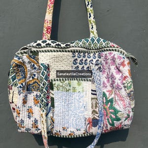 Block Print Patchwork Quilted Cotton Duffle Tote Bag: Handmade Shoulder Bag