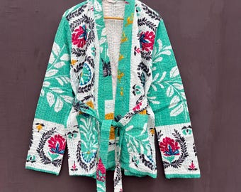 Kimono Kantha floral vintage, chaqueta unisex de algodón