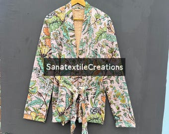 Bata Kantha floral vintage, kimono de algodón hecho a mano, ropa de dormir