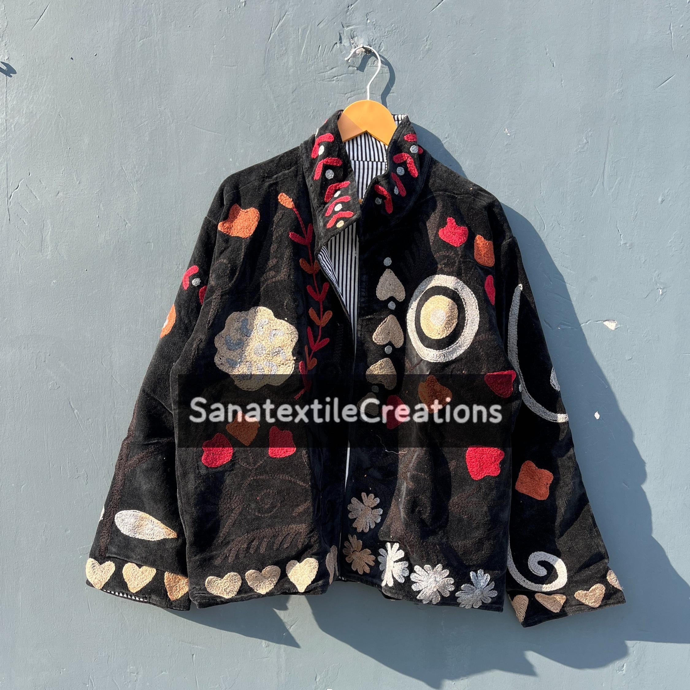 Indian Suzani Unique Black Jacket Featuring Geometric and Floral