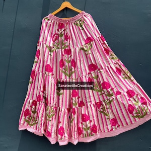 Handgjord bomullsmaxikjol, rosa blommönster, bohemisk zigenarkjol