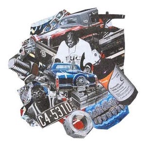 May include: A collage featuring a blue classic car, a person wearing a white shirt, and a bottle of cough syrup. Other elements include a license plate, a large nut, and a set of silver teeth. The background is a mix of car parts and other objects.
