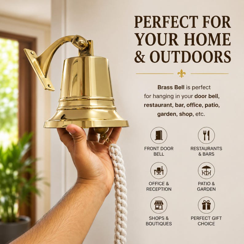Pode incluir: Um sino de lat&atilde;o polido com suporte de montagem na parede e uma corda branca grossa tran&ccedil;ada. O texto na imagem diz: PERFECT FOR YOUR HOME & OUTDOORS, Brass Bell is perfect for hanging in your door bell, restaurant, bar, office, patio, garden, shop, etc.