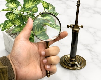 Vintage Brass Magnifying Glass 10x with Adjustable Stand | Handheld or Stand Use | Antique Reading Magnifier | Office Desk Decor Gift