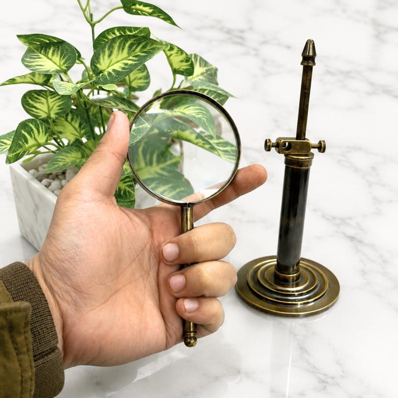 Pu&ograve; includere: Una lente d'ingrandimento in stile vintage con manico e montatura in ottone. La lente d'ingrandimento &egrave; tenuta in mano, con una pianta sullo sfondo. &Egrave; visibile anche un supporto in ottone.