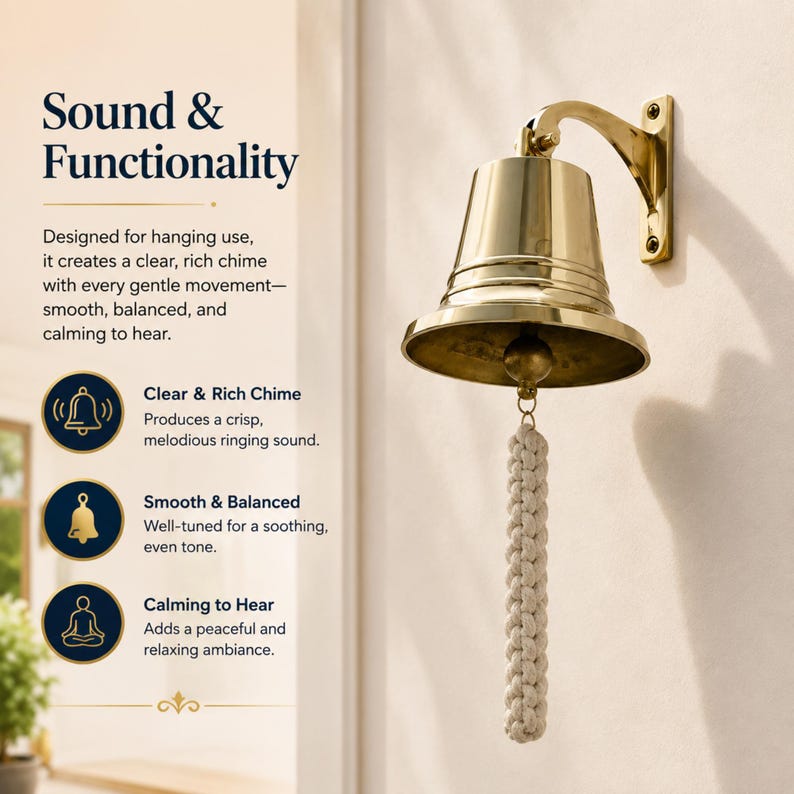 Pode incluir: Uma campainha de parede em lat&atilde;o polido com borda alargada e badalo central. Uma corda grossa de algod&atilde;o tran&ccedil;ado em tom branco sujo pende do badalo. O texto Sound & Functionality, Clear & Rich Chime, Smooth & Balanced e Calming to Hear &eacute; vis&iacute;vel.