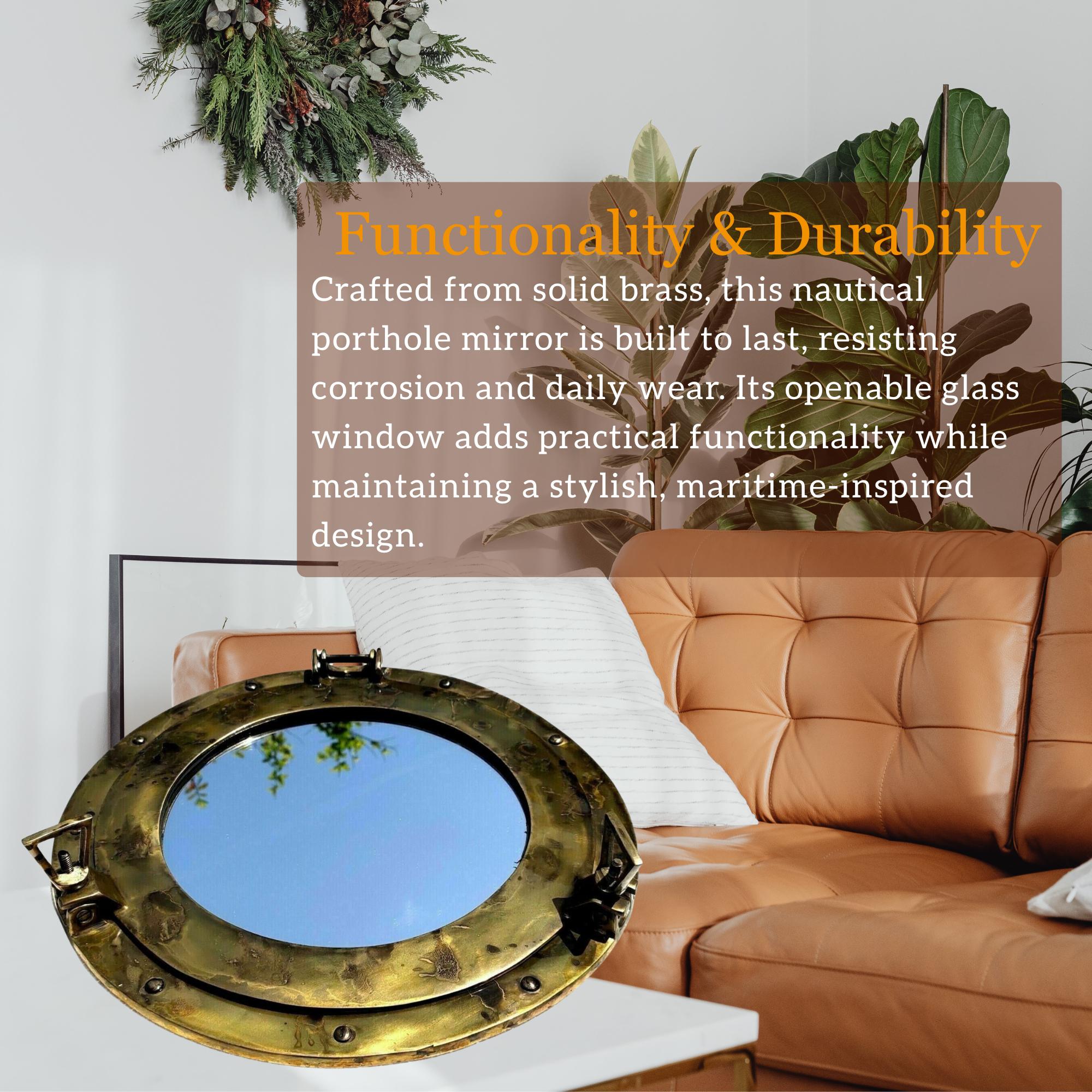 古いアンティーク真鍮製の船舶舷窓ミラー | ヴィンテージ船窓用壁飾り
