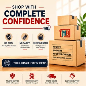 Pode incluir: Uma pilha de tr&ecirc;s caixas de envio de papel&atilde;o marrom com o logotipo TMB na caixa do meio. O texto diz SHOP WITH COMPLETE CONFIDENCE, NO DUTY, NO TARIFF, NO EXTRA CHARGES e TRULY HASSLE-FREE SHIPPING, junto com &iacute;cones de escudo, etiqueta, carteira e caminh&atilde;o.