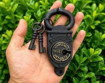 Candado de latón antiguo con 2 llaves – Diseño ferroviario vintage, cerradura resistente para armarios, baúles y decoración de almacenamiento.