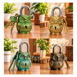 Peut inclure: Un ensemble de quatre cadenas en forme de hibou, chacun doté d'une anse argentée et d'une serrure sur le poitrail. Les cadenas présentent des finitions métalliques verte, dorée, turquoise et bronze, avec des textures de plumes et des clés assorties.