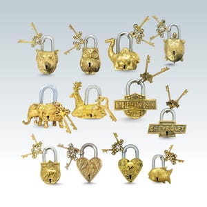 Puede incluir: Una colección de candados decorativos dorados de varias formas, incluyendo animales, corazones y logotipos. Cada candado tiene un juego de llaves a juego. Los logotipos de Harley-Davidson y Chevrolet son visibles.