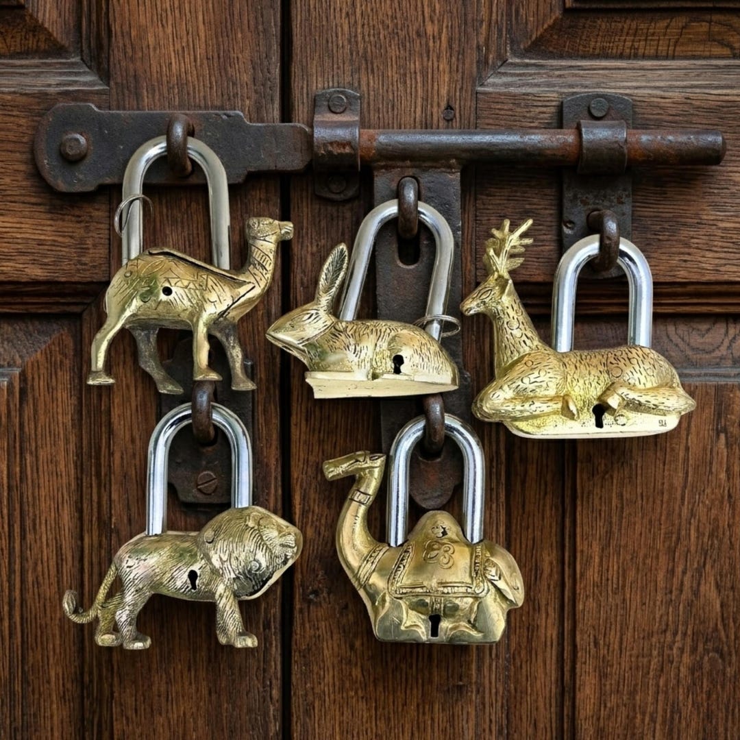 Handmade Brass Animal Padlock Set – 5 Vintage Locks (lion, Reindeer ...