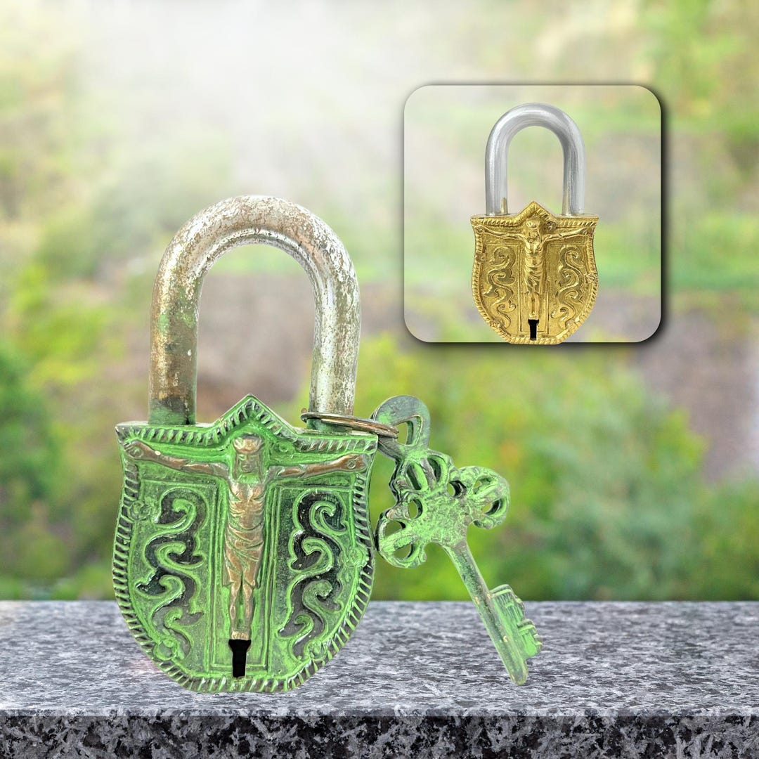 Jesus Crucifix Brass Padlock With Keys – Vintage Christian Religious ...