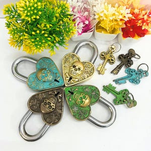 Heavy Duty Heart-Shaped Skull Brass Padlock – Vintage Gothic Lock for travel luggage lock, Door, Gate & collectible Use