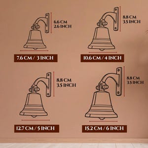Pode incluir: Quatro ilustra&ccedil;&otilde;es de linha preta de sinos de parede com dimens&otilde;es. Canto superior esquerdo: 6,6 cm de altura, 7,6 cm de largura. Canto superior direito: 8,8 cm de altura, 10,6 cm de largura. Canto inferior esquerdo: 8,8 cm de altura, 12,7 cm.
