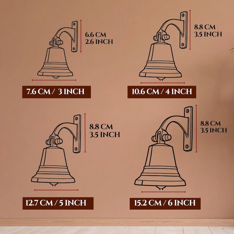 Pode incluir: Quatro ilustra&ccedil;&otilde;es de linha preta de sinos de parede com dimens&otilde;es. Canto superior esquerdo: 6,6 cm de altura, 7,6 cm de largura. Canto superior direito: 8,8 cm de altura, 10,6 cm de largura. Canto inferior esquerdo: 8,8 cm de altura, 12,7 cm.