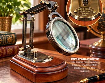 May include: A brass magnifying glass on an adjustable articulated arm mounted to a polished wooden base. A circular brass plaque on the base is engraved with the text Watts & Sons Ltd. Opticians London 1814. The lens is round with a brass frame.