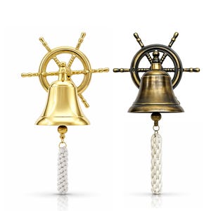 May include: Two ship's bell decorations. One is gold-coloured, the other is bronze. Each bell is mounted on a ship's wheel and has a white rope pull. The gold bell has a shiny finish, while the bronze bell has a matte finish.