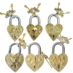 Heart Shape Brass Padlock with Keys Vintage Designer Lock Collectible Unique Security Lock Decorative Metal Door Lock Handmade Brass Lock.