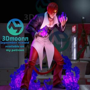 May include: A detailed figurine of a character with red hair and glowing yellow eyes, wearing a dark jacket, white shirt, and red pants. The figure is surrounded by purple energy effects and holds glowing purple orbs. The text "3Dmoonn September reward available on my patreon" is visible.