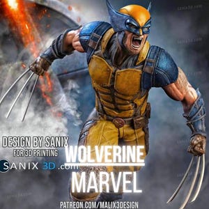 Puede incluir: Representación 3D detallada de Wolverine de Marvel Comics. La figura está en una pose dinámica, vistiendo un traje amarillo y azul con garras metálicas extendidas. La imagen incluye el texto "Wolverine" y "Marvel".
