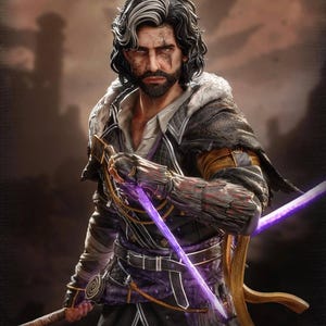 May include: A detailed digital rendering of a warrior figure, clad in dark armor with gold accents, holding two glowing purple swords. The figure has long, dark hair with streaks of white and a serious expression. The image includes the text "Patreon.com | Neko Figurines".