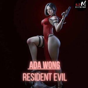 Op de afbeelding: Gedetailleerd beeldje van Ada Wong uit Resident Evil, poseert met een handvuurwapen. Ze draagt een rode jurk met een hoge split en zwarte beenbandjes. Het beeldje heeft een dynamische pose tegen een donkerrode achtergrond, met de tekst "ADA WONG RESIDENT EVIL".