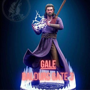 May include: A figurine of Gale from Baldur's Gate 3. The character is depicted in a purple robe, brown pants, and a brown belt. He is holding a ball of lightning. The text "GALE" and "BALDURS GATE 3" are displayed on the base.