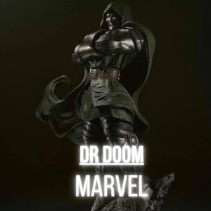 May include: A dark green and black statue of Dr. Doom from Marvel. The figure is in a dynamic pose, wearing armor, a hooded cloak, and a belt. The text "DR DOOM MARVEL" is displayed in white.
