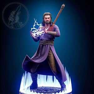 May include: A figurine of a male wizard in a long purple robe, brown pants, and boots, holding a staff and conjuring lightning. The figure stands on a glowing blue platform with an icy design.