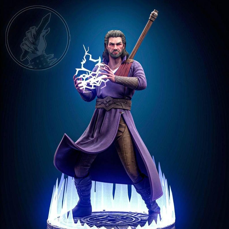 May include: A figurine of a male wizard in a long purple robe, brown pants, and boots, holding a staff and conjuring lightning. The figure stands on a glowing blue platform with an icy design.