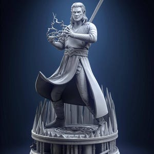 May include: A gray figurine of a male figure holding a lightning bolt. The figure is wearing a long coat and boots, with a staff on his back. The figurine is standing on a circular base with a detailed design.