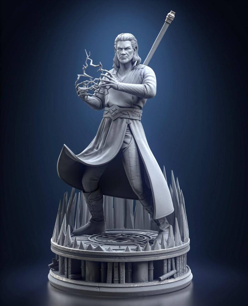 May include: A gray figurine of a male figure holding a lightning bolt. The figure is wearing a long coat and boots, with a staff on his back. The figurine is standing on a circular base with a detailed design.