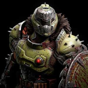 May include: A detailed action figure of a futuristic warrior in battle armor. The figure features a green and silver helmet, spiked shoulder pads, and a shield. The armor has a weathered appearance with red accents, suggesting combat.