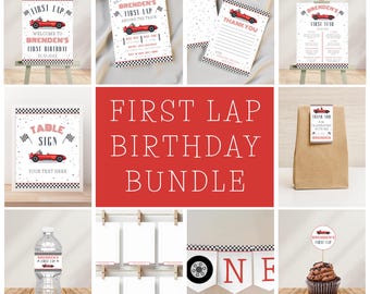 Paquete de plantillas editables "First Lap" más planificador de fiesta de cumpleaños gratuito, paquete de plantillas "Fast One" para primer cumpleaños, paquete de plantillas "Ready Set One"