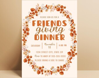 Friendsgiving Dinner Party Digital Invitation Canva Template, Fall Floral Friendsgiving Dinner Party Editable Invitation