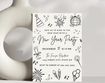 Plantilla de Canva para invitación digital editable para fiesta de Nochevieja. Invitación digital en blanco y negro para celebrar el Año Nuevo.