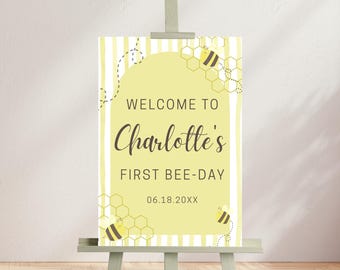 Letrero digital de bienvenida para el primer día de las abejas, letrero de bienvenida para el cumpleaños de un abejorro, letrero de bienvenida digital para el primer cumpleaños con descarga.