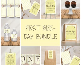 First Bee-day Party Template Bundle Plus Free Birthday Party Planner, Happy to Bee One First Birthday Party Template Bundle