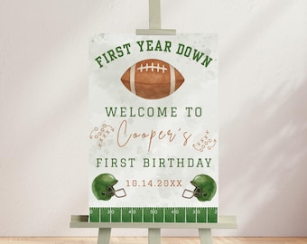 First Year Down Editable Digital Welcome Sign Plus Free Birthday Party Planner, Football Theme Birthday Digital Welcome Sign