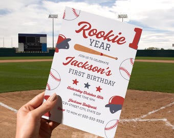 Rookie Year First Birthday Party Digital Invitation Canva Template, Baseball Birthday Party Editable Invitation