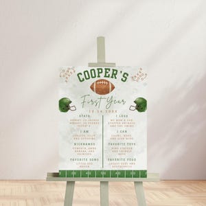 Poster digitale modificabile per il primo anno di vita, più un pianificatore gratuito per feste di compleanno, poster digitale per il compleanno a tema football