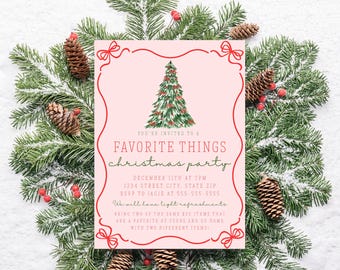 Plantilla editable de invitación digital para fiesta navideña "Cosas favoritas" (Canva), invitación editable para intercambio de regalos navideños entre amigos.