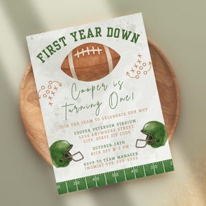 First Year Down Editable Invitation Plus Free Birthday Party Planner, Football Theme Birthday Invitation, Boys First Birthday Invitation